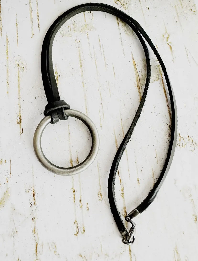 Brushed Silver & Black leather necklace - short