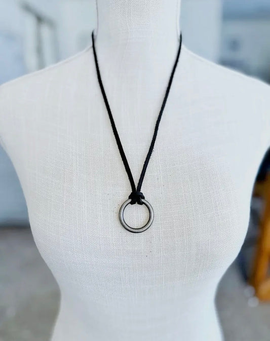 Brushed Silver & Black Leather Necklace - Long