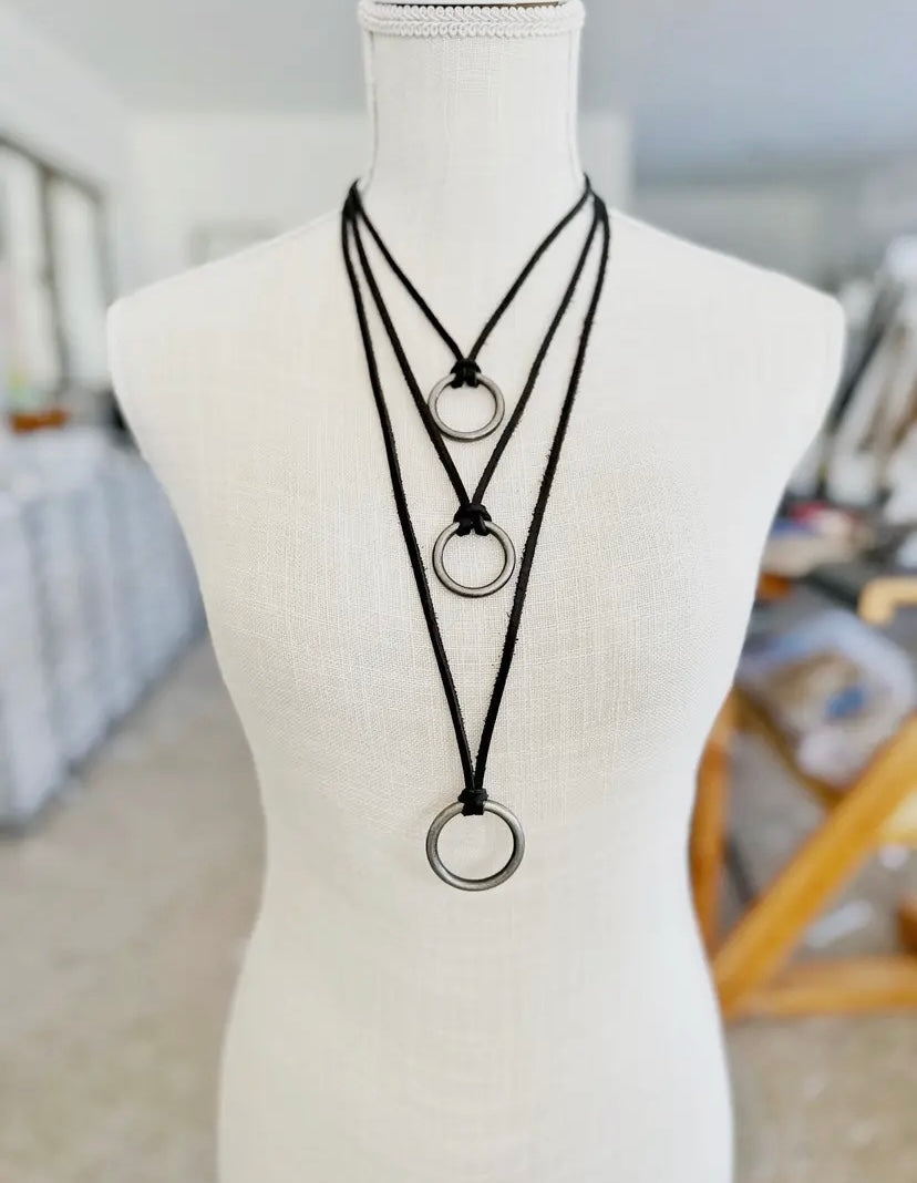 Brushed Silver & Black Leather Necklace - Long